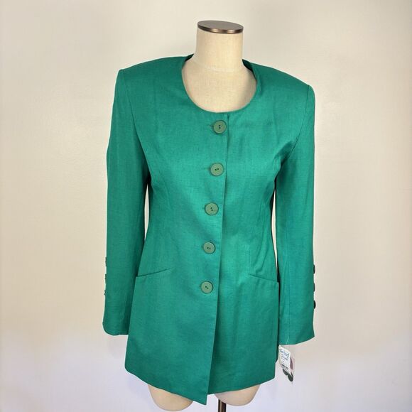 VTG NEW Apart Womens 8 Green Rayon Linen Blend Button Blazer Jacket Classy Work - Picture 1 of 11